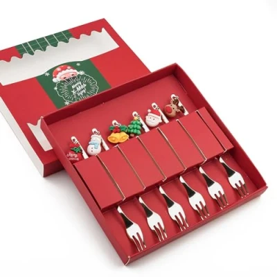 Image of Set of 6 Stainless Steel Fruit Forks Spoons Mooncakes Coffee Spoon Small Fork Dessert Styles Christmas