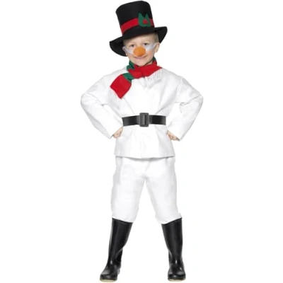 Image of Smiffys Snowman Costume, White with Top, Trousers, Hat, Scarf, Belt &amp; Carrot Nose, Christmas Children&#039;s Fancy Dress, Santa Dress Up Costumes