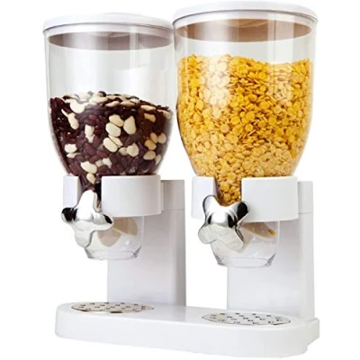 Image of Double Plastic Classic Dry Food Cereal, Fruits, Rice Grains, Pasta Dispenser Canister, Transparent Air Tight Cover Keeps Fresh &amp; Great for Portion Control (White)