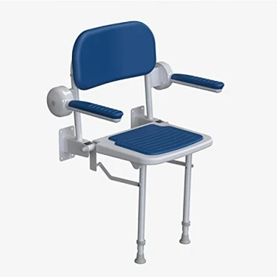 Image of AKW Wall Mounted Foldable Shower Seat for Elderly, Padded Back &amp; Armrests, Compact with Strong Height Adjustable Sturdy Legs