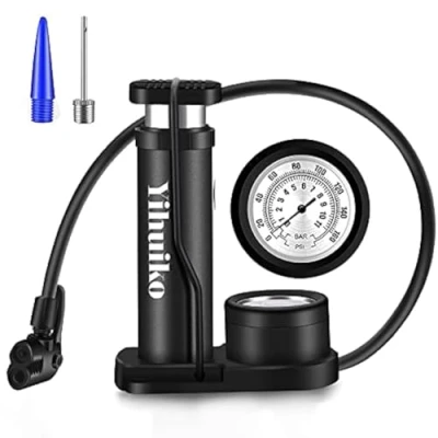 Image of Mini Bicycle Pump Bike Foot 120 PSI Activated Floor with extra sensitive Pressure Gauge Portable Air Gas Ball Needle for All Bike, Fits Presta &amp; Schrader Valve