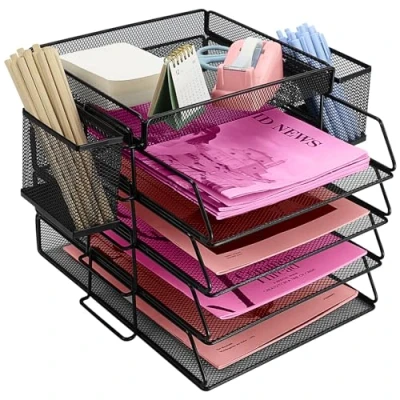 Image of ideallife Letter Trays Stackable with Top Stationery Holder, 4 Tier Metal Desk Organizer Tray 2 Pen Paper Filing for Office Supplies Black