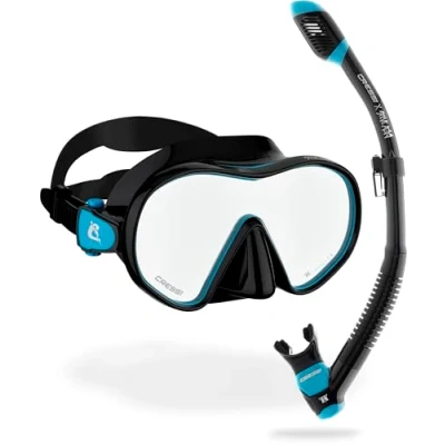 Image of CRESSI Limited Edition HiroQuest Adult Mask &amp; Snorkel Set made x Steve Aoki_F Dual Mask+Snorkel Supernova Dry, Black/Turquoise Spectra Lens, One Size, Unisex