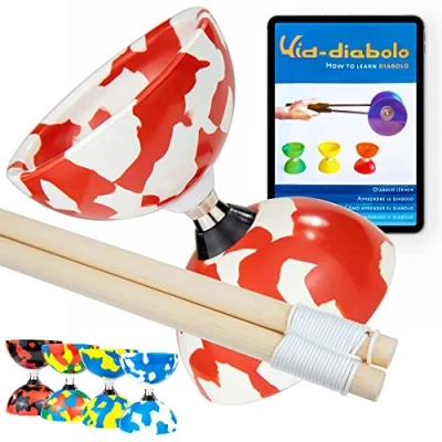 Image of Juggle Dream Jester Diabolo Set Bearing Axle Professional with Wooden Handsticks and Online Learning Video Juggling Toy (Red/White)