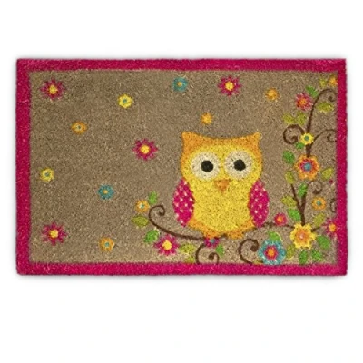 Image of Relaxdays Coconut Fibre Coir Doormat with OWL and Flower Design 40 x 60 cm Welcome Mat Anti Slip Rubber PVC Underside, Brown