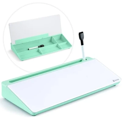 Image of Varhomax Glass Desk Whiteboard with Storage, Buddy to do List Memo Desktop Dry Erase White Board Keyboard Stand Organizers for Home Office and School Supplies (Green)