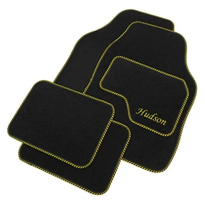 Image of JVL Personalised Universal Black Carpet Car Mat Set with Yellow Embroidered Drivers