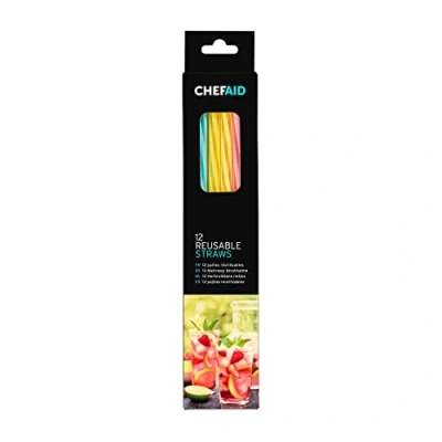 Image of Chef Aid 12 Reusable Thick Plastic Drinking Straws, Suitable for Hot and Cold Drinks, Made from BPA Free Stong Durable Plastic, Each Pack Contain 4 Blue, Pink Yellow Straws