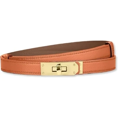 Image of baizhong Women Skinny Leather Belt Classic Solid Color Alloy Turn Lock Ladies Adjustable Slim Thin Waist （Orange/Gold）