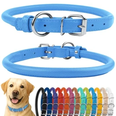 Image of CollarDirect Rolled Leather Dog Collar, Soft Padded Round Puppy Handmade Genuine Collar Small Large Cat Collars Black Pink Red Purple Blue (Fits 16&quot; 20&quot; Neck, Light Blue)