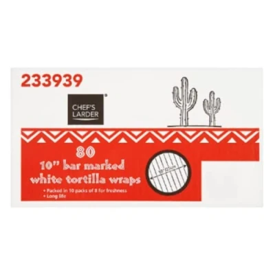 Image of Chef&#039;s Larder 80 10&#039;&#039; Bar Marked White Tortilla Wraps x Case of 1