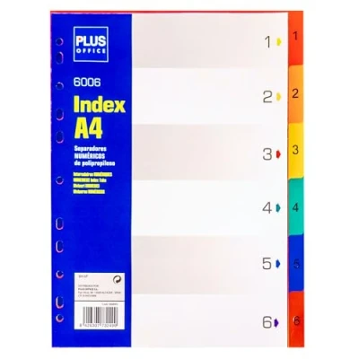 Image of Plus Office A4 Binder dividers with 6 tabs Made of 100% Recyclable Polypropylene, Numbers 1 6, 11 Holes and for Ring Binders, School use