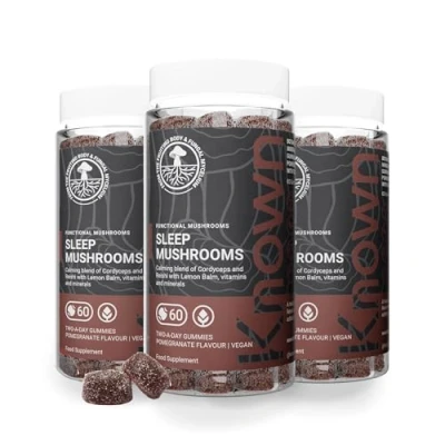 Image of Known Tasty Sleep Mushrooms Gummies Reishi, Cordyceps, Vitamin B Reduces Fatigue Natural Pomegranate Flavour 60 Vegan Gummies, 3 Month Supply
