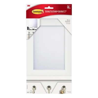 Image of Command Mirror Organizer with 3 Key Hooks and Small Ledge, Holds up to 2 lb, Quartz, Removable Wall for Entryway or Hallway, Perfect On the go Items