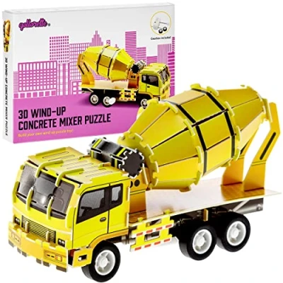 Image of qollorette Wind Up Toy Vehicle, Assemble 3D Puzzle Concrete Mixer Construction Truck Kids Learning Educational Building Mini Pull Back for Children Boys &amp; Girls