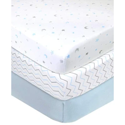 Image of American Baby Company 3 Pack Fitted Crib Sheets 28&quot; x 52&quot;, Soft Breathable Neutral 100% Cotton Jersey Sheet, Blue Star/Zigzag, for Boys and Girls, Fits Toddler Bed mattresses