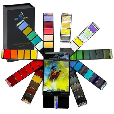 Image of ANTEK ART Watercolor Paint Set Premium, in a Portable Case with Palette and Water Tank Brush (incl. Metallic Watercolor), Great Gift Idea for Artists, Painters, Students, Children (56 Colors)