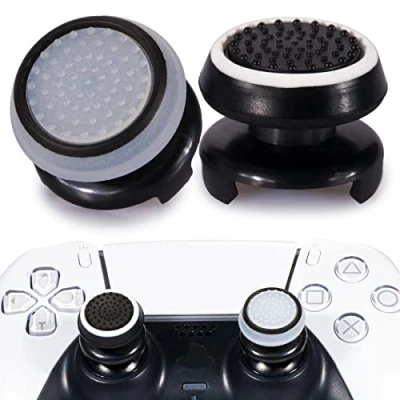 Image of Playrealm FPS Thumbstick Extender &amp; Printing Rubber Silicone Grip Cover 2 Sets for PS5 Dualsenese PS4 Controller (Black+Clear)