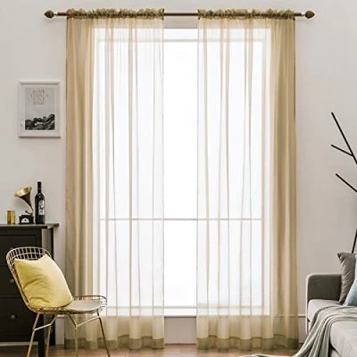 Image of MIULEE 2 Panels Solid Color Sheer Window Curtains Smooth Elegant Voile Panels/Drapes/Treatment for Bedroom Living Room Light Brown 55&quot; Wx96 L, Rod Pocket