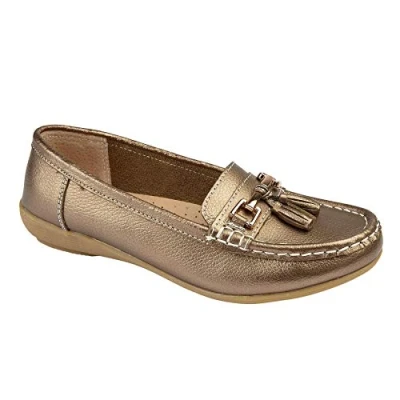 Image of Jo &amp; Joe Ladies Leather Loafer Shoes Plimsole Pumps Womens Flat Bronze Size UK 8 EU 55