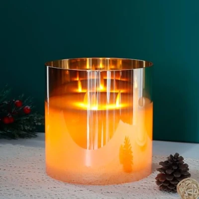 Image of JHY DESIGN Large Moving 3 Wicks Battery Candle with 6 Hour Timer Function, 15cm Dia Flameless Powered, Simulation 3D Glass LED for Party Living Room Table Bar(Gold)