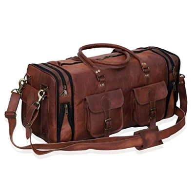 Image of Handmade Vintage Travel Luggage 32 inch Duffel Gym Sports Bag Weekender Overnight Carry One For Men, brown, 24 medium, Retro Adjustable