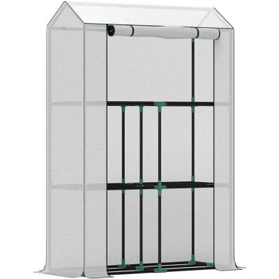 Image of Outsunny 3 Tier Mini Greenhouse with PE Cover Roll Up Door White 84H 199V00WT