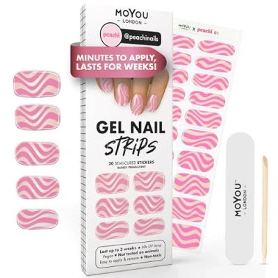 Image of MOYOU LONDON Semi Cured Gel Nail Strips 20 Pcs. Wraps for Salon Quality Manicure Works with Any UV Lamp Easy to Apply, Trim, &amp; Remove Stickers