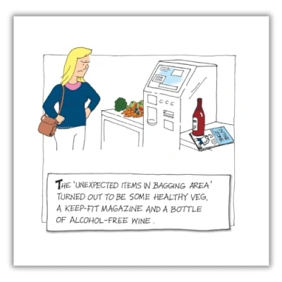 Image of Emotional Rescue Artistic Open Funny Blank Greeting Card &#039;Unexpected Items In Bagging Area&#039; Self Service Checkout From The Norbert &amp; Val Collection Humorous for Him/Her