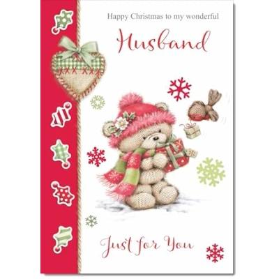 Image of doodlecards Husband Christmas Card Cute Bear with Red Hat Medium Size for Plain Envelope