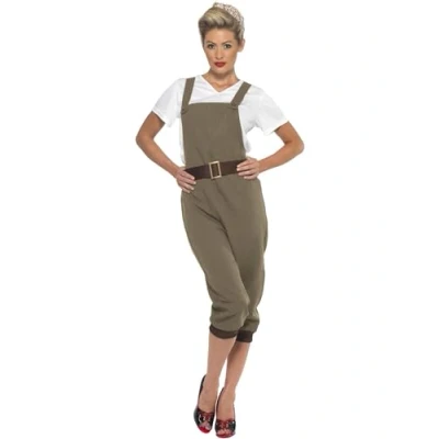 Image of Smiffys WW2 Land Girl Costume, Khaki with Top, Dungarees and Headscarf, 1940&#039;s Wartime Fancy Dress, 1940s Dress Up Costumes
