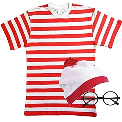 Image of Zeetaq Children&#039;s Red &amp; White Striped Fancy Dress 3 Piece Set (3 (T Shirt+Hat+Glasses), 9 10 Years)
