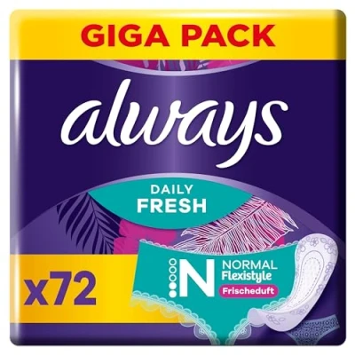 Image of Always Daily Fresh Women&#039;s Normal Pantiliners (72 Pads), Flexistyle, Gigapack, with Fragrance, Suitable for All Panty Shapes, Breathable, Flexible