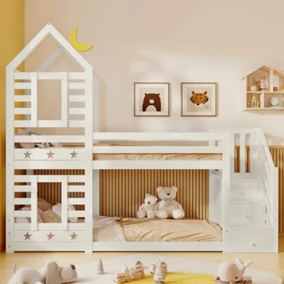 Image of BTM Bunk Bed Storage Children Cabin Single with Window for Kids, Twin Sleeper 190x90 cm, Solid Pine Wood,3FT White