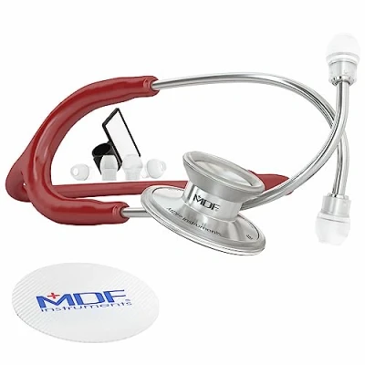 Image of MDF Acoustica Lightweight Stethoscope for Doctors, Nurses, Students, Home Health Use, Adult, Dual Head, Burgundy Tube, Silver Chestpiece Headset, MDF747XP17