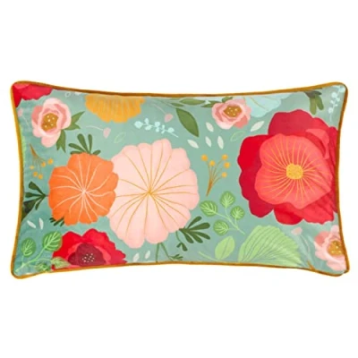 Image of Kate Merritt Duck Egg Floral Piped Velvet Feather Filled Cushion Blue One Size