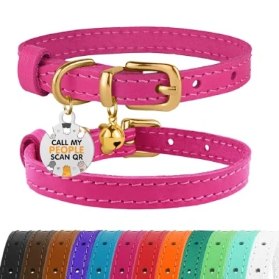 Image of BRONZEDOG Leather Cat Collar with Bells Non Breakaway Kitten QR Tag for Girl Boy (18 22 cm, Pink &amp; Gold)