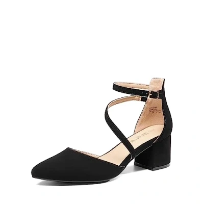 Image of DREAM PAIRS Women&#039;s Closed Pointed Toe Low Chunky Heels Pumps Ankle Strap Wedding Business Dressy Shoes SDPU2354W,Size 7,Black Nubuck,SDPU2354W