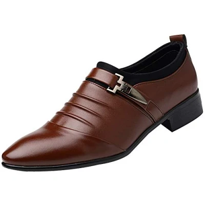 Image of Dress Wedding Shoes for Men UK, Pointed Toe Leather Oxfords Smart Stylish Shoes, Casual Work Office Comfort Anti Slip Cosy Walking Classic Business Pleated Brown