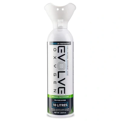 Image of EVOLVE Peppermint Scented Pure Oxygen Canister with Breathing Cup 10 Litre Portable Can Ideal for Homes Use and Outdoor Activities Designed by Firefighters Made in Britain Pack of 1