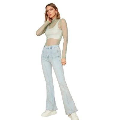 Image of Trendyol Women High Waist Wide Leg Flare Jeans Light Blue
