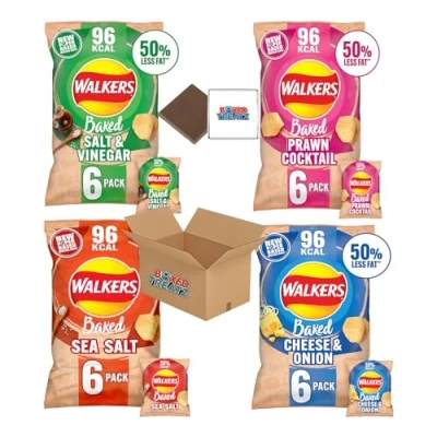 Image of Walkers Variety Multipack Crisps (24X22g) 6x Sea Salt + Cheese &amp; Onion Vinegar Prawn Cocktail Boxed Treatz