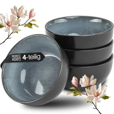 Image of Moritz &amp; 4X Miso Bowl Set 12 cm Japanese Tableware Made of Ceramic and Sandalwood for Soup, dip Snacks with Serving Tray