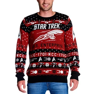Image of Elbenwald Star Trek Knitted Pullover with USS Enterprise Motif for Men Women Unisex Cotton red M