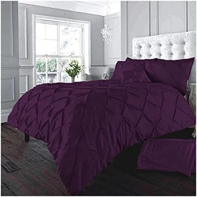Image of GC GAVENO CAVAILIA Pintuck Single Duvet Cover Set Reversible Pinch Pleat Bedding Polycotton Quilt With Pillowcase Aubergine