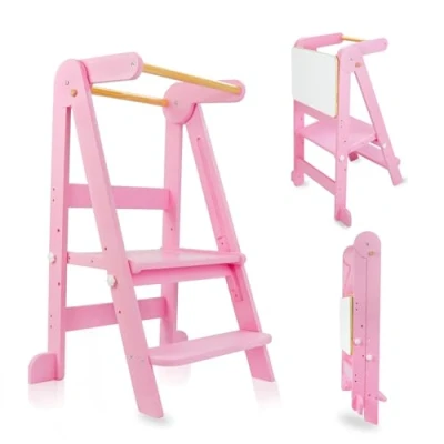 Image of Kitchen Foldable Toddler Tower, Learning Tower with 3 Adjustable Height, Step Stool for Kids Magnetic Whiteboards, 1 6 Years (Pink)