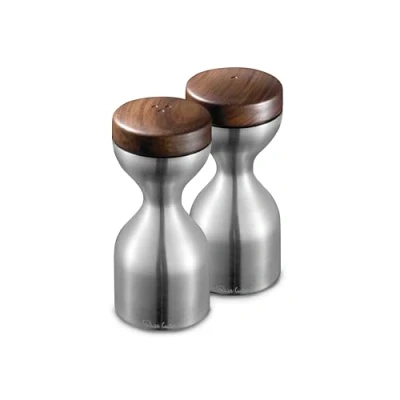 Image of Robert Welch Limbrey Satin Salt &amp; Pepper Mills Set. Made from 18/10 Stainless Steel, Walnut Top. 10 Year Guarantee.