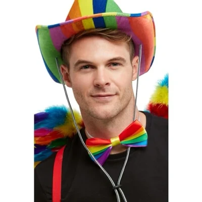 Image of Smiffys Rainbow Bow Tie, Multi Coloured Elasticated, Rainbow/Gay Pride Items Fancy Dress, Adult Dress Up Accessories