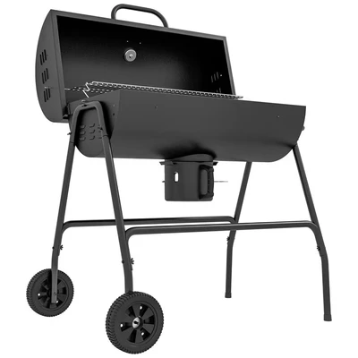Image of Outsunny Charcoal Barbecue Grill, Portable Barrel BBQ Trolley Smoker with Wheels, Ash Catcher and Thermometer for Outdoor Garden Party Cooking, Black