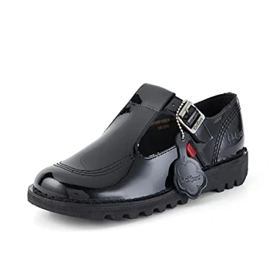 Image of Kickers Women&#039;s Kick T Bar Black Leather School Shoes, Patent Black, 3 UK